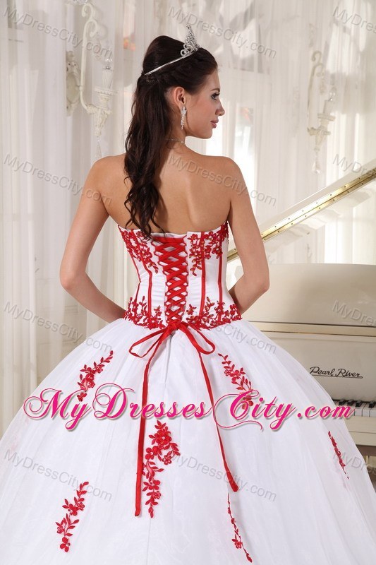 White Satin and Organza Quinceanera Dress with Red Appliques