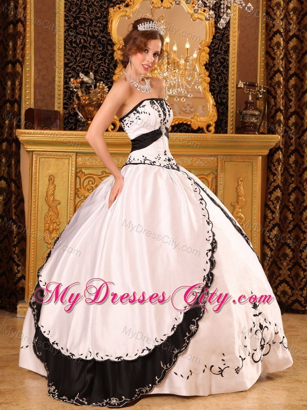 Stylish Embroidery Satin White and Black Quinceanera Dress