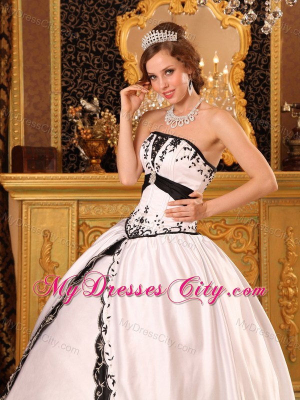 Stylish Embroidery Satin White and Black Quinceanera Dress