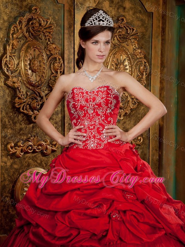 Red Sweetheart Taffeta Beading and Appliques Quinceanera Dress