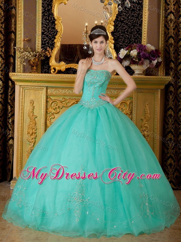 Turquoise Strapless Organza Quinceanera Dress with Beading