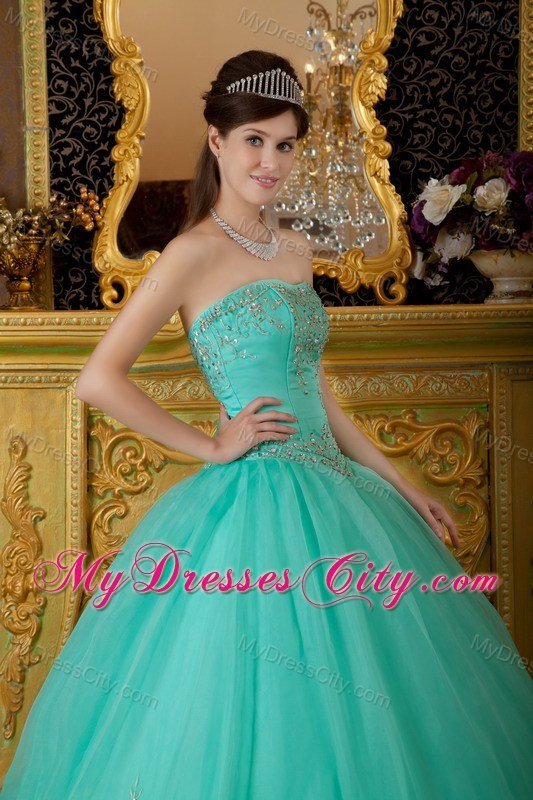 Turquoise Strapless Organza Quinceanera Dress with Beading