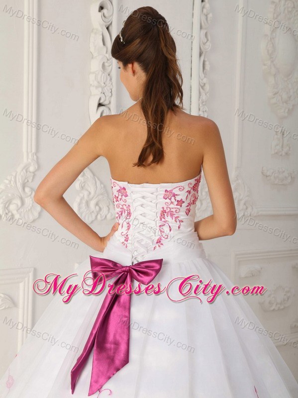 White Organza Quinceanera Dress with Pink Embroidery