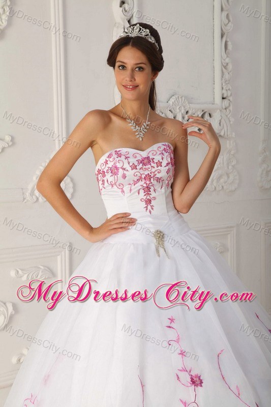 White Organza Quinceanera Dress with Pink Embroidery