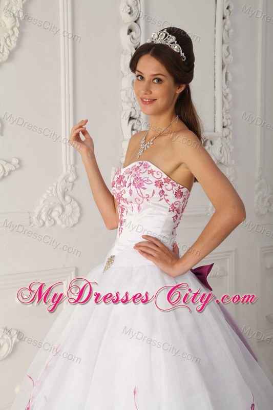 White Organza Quinceanera Dress with Pink Embroidery