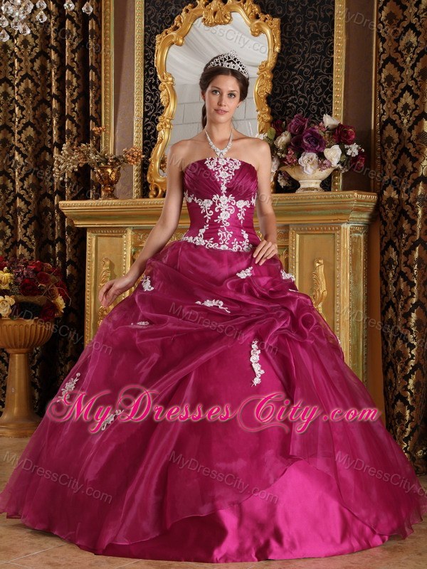 Burgundy Organza and Satin Appliques Quinceanera Gown