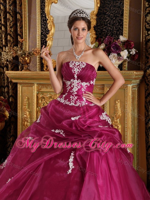 Burgundy Organza and Satin Appliques Quinceanera Gown
