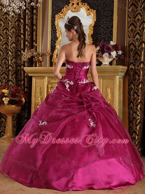 Burgundy Organza and Satin Appliques Quinceanera Gown