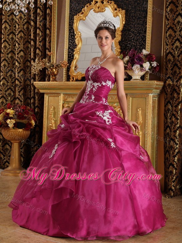 Burgundy Organza and Satin Appliques Quinceanera Gown
