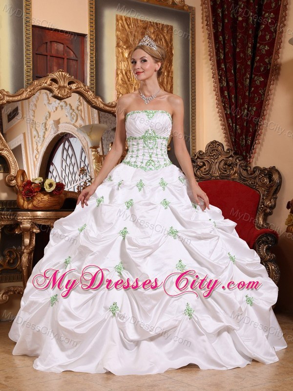 White Taffeta Quinceanera Dress with Green Appliques