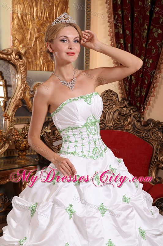 White Taffeta Quinceanera Dress with Green Appliques