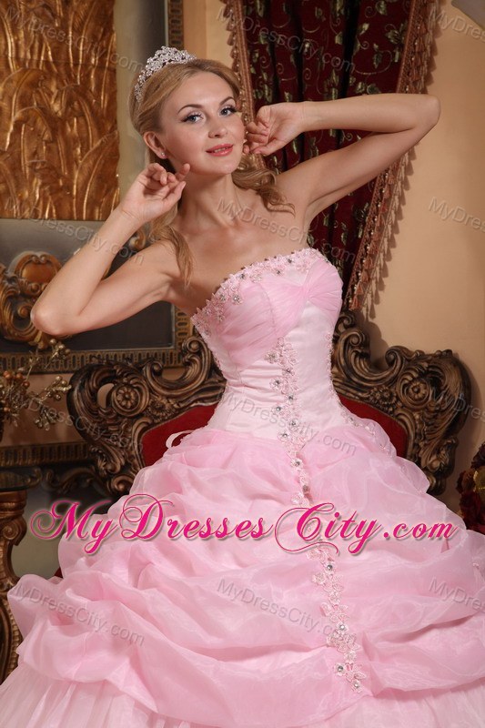 Baby Pink Strapless Organza Tiered Dress for Sweet 16