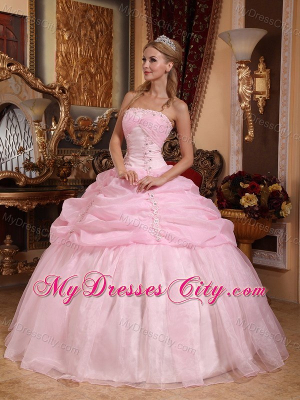 Baby Pink Strapless Organza Tiered Dress for Sweet 16