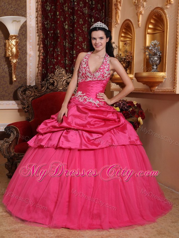 Taffeta Hot Pink Halter Appliques Quinceanera Gowns on Sale