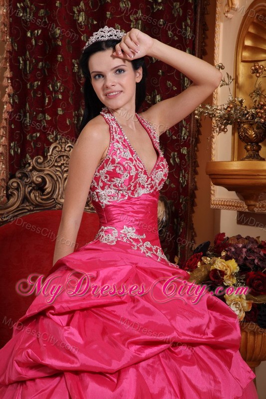 Taffeta Hot Pink Halter Appliques Quinceanera Gowns on Sale