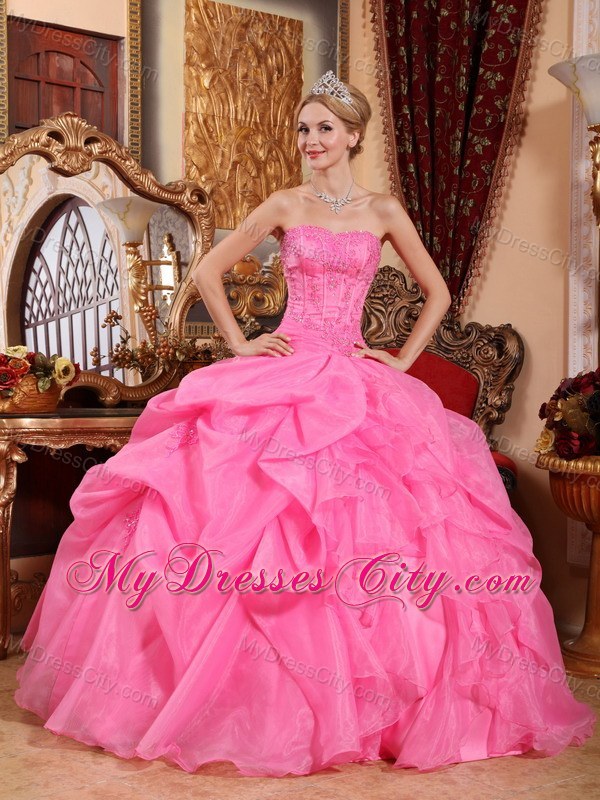 Organza Rose Pink Puffy Layers Dress for Quincenaera Party