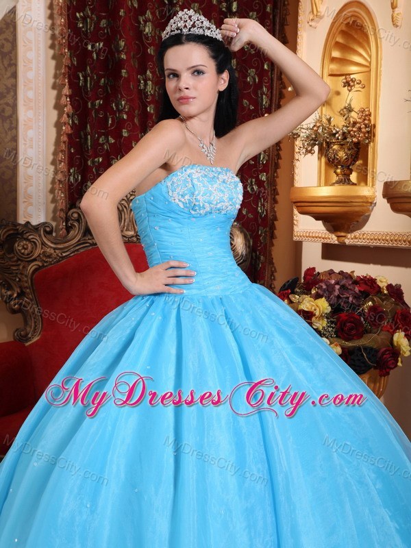 Fast Delivery Aqua Strapless Appliques Quinceanera Gowns 2013