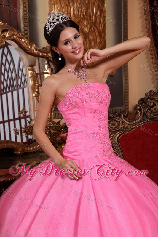 Graceful Rose Pink Tulle Corset Quinceanera Dress with Appliques