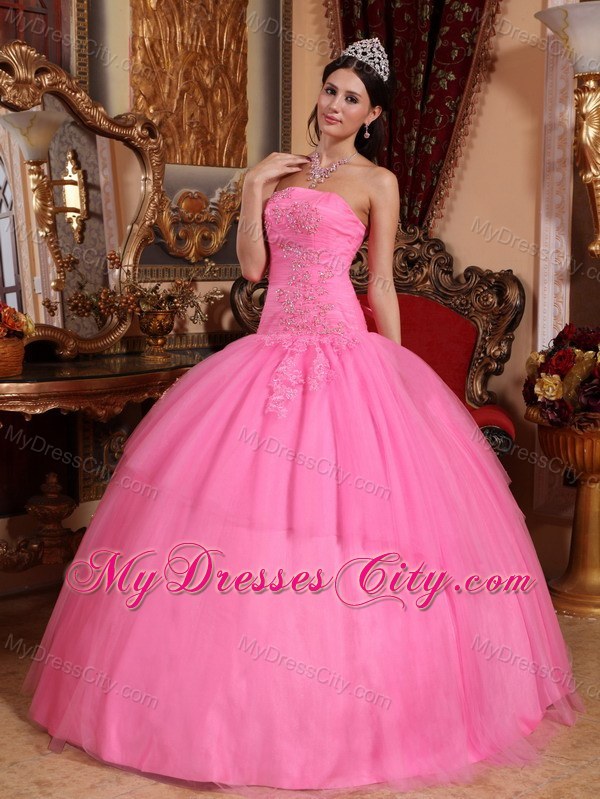 Graceful Rose Pink Tulle Corset Quinceanera Dress with Appliques
