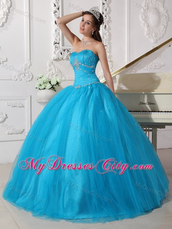Beading Tulle Strapless Teal Quinceanera Dress for Girls