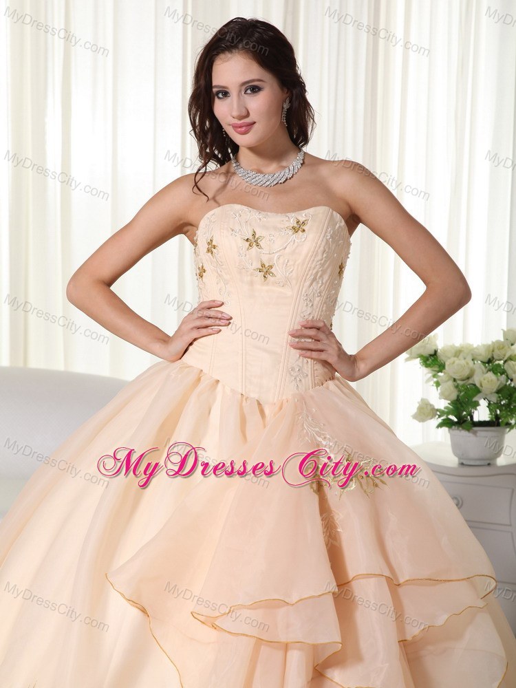 Organza Champagne Strapless Embroidery Sweet Sixteen Dresses