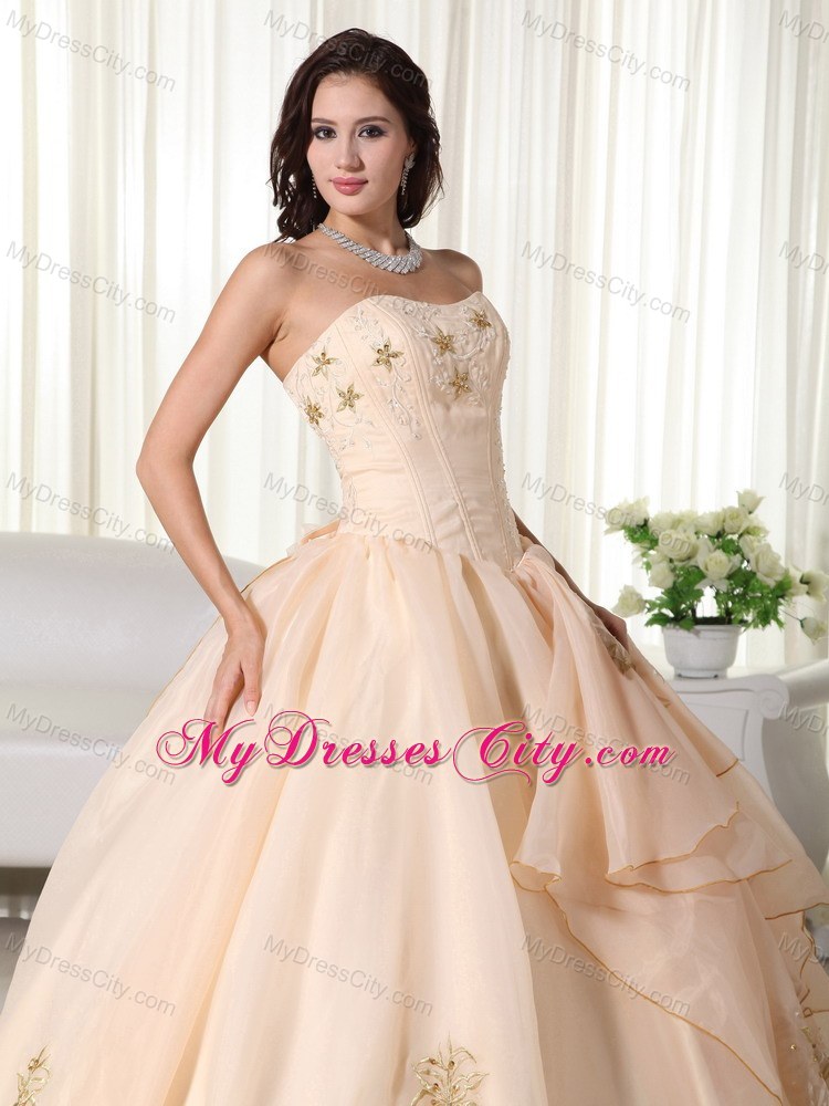 Organza Champagne Strapless Embroidery Sweet Sixteen Dresses