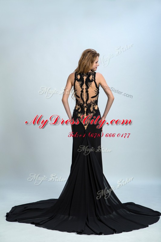 Organza Halter Top Sleeveless Brush Train Zipper Lace Evening Dress in Black