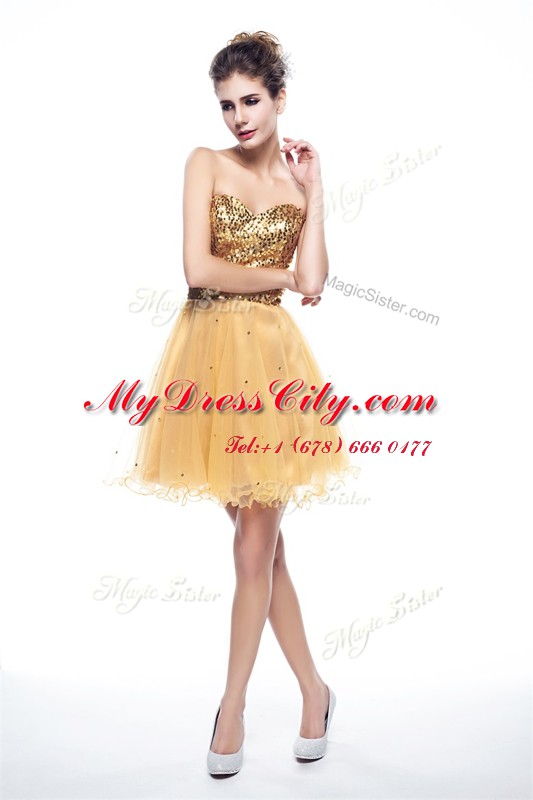 Excellent Gold A-line Beading and Sequins Formal Dresses Side Zipper Organza Sleeveless Mini Length