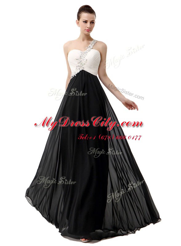 Clearance One Shoulder Beading Prom Party Dress White And Black Zipper Sleeveless Floor Length