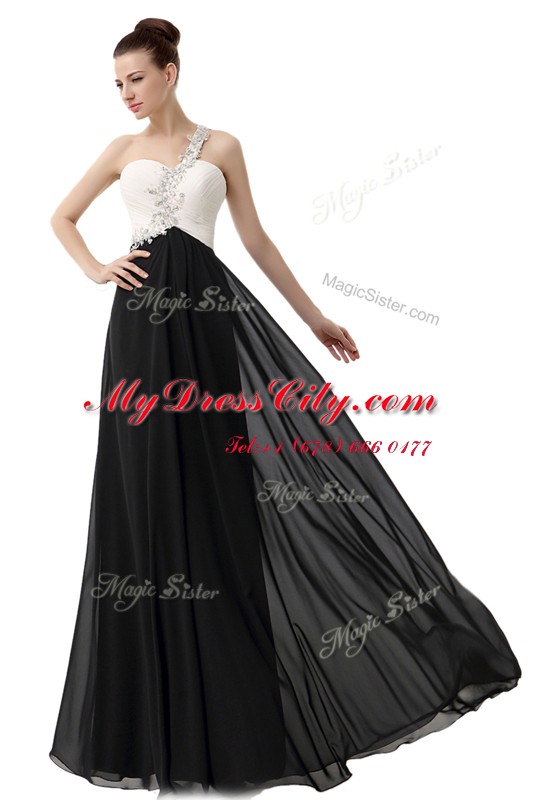 Clearance One Shoulder Beading Prom Party Dress White And Black Zipper Sleeveless Floor Length