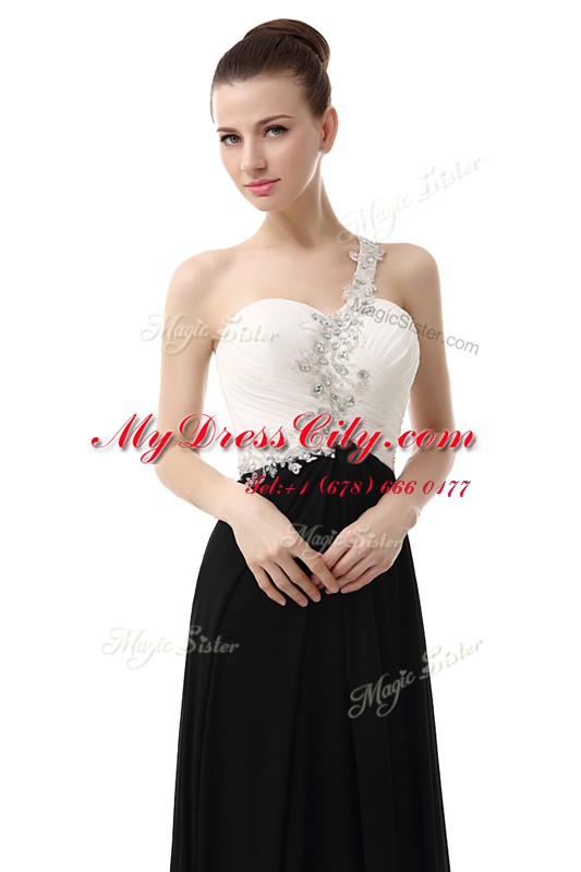 Clearance One Shoulder Beading Prom Party Dress White And Black Zipper Sleeveless Floor Length