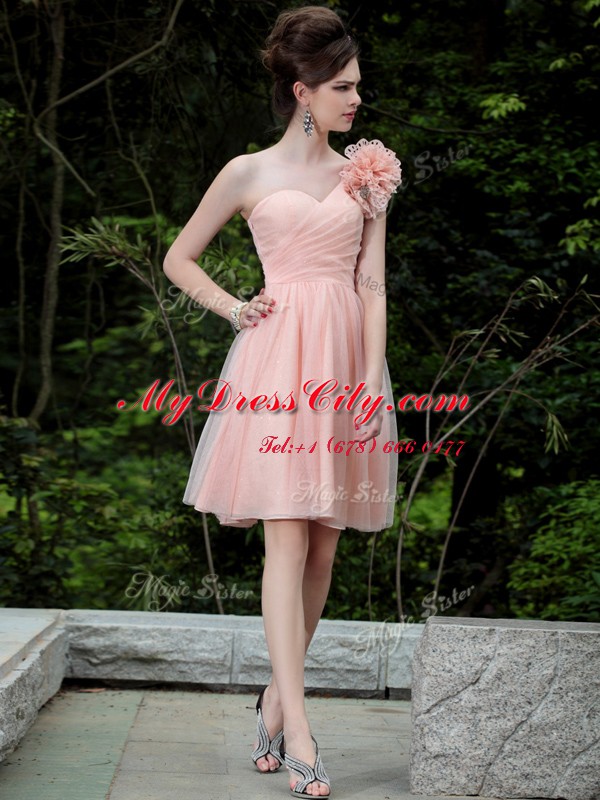 One Shoulder Knee Length Peach Prom Dresses Tulle Sleeveless Beading and Hand Made Flower