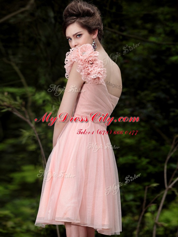 One Shoulder Knee Length Peach Prom Dresses Tulle Sleeveless Beading and Hand Made Flower