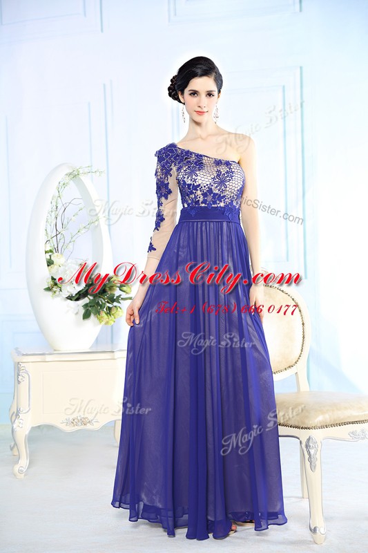 One Shoulder Long Sleeves Side Zipper Floor Length Beading and Appliques Dress for Prom