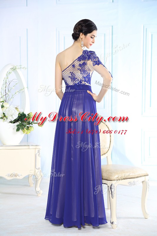 One Shoulder Long Sleeves Side Zipper Floor Length Beading and Appliques Dress for Prom
