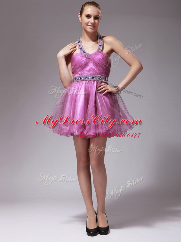 On Sale Rose Pink Halter Top Zipper Beading Prom Gown Sleeveless