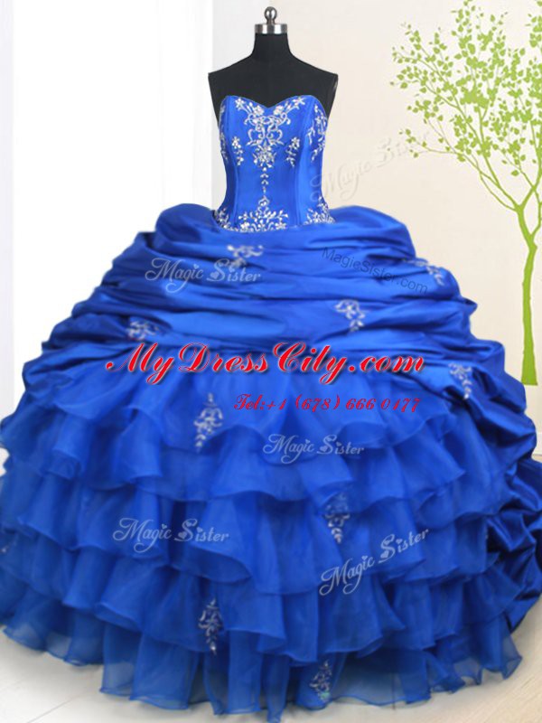 Organza and Taffeta Sweetheart Sleeveless Court Train Lace Up Beading and Ruffled Layers and Pick Ups 15th Birthday Dress in Royal Blue