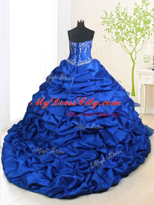 Organza and Taffeta Sweetheart Sleeveless Court Train Lace Up Beading and Ruffled Layers and Pick Ups 15th Birthday Dress in Royal Blue