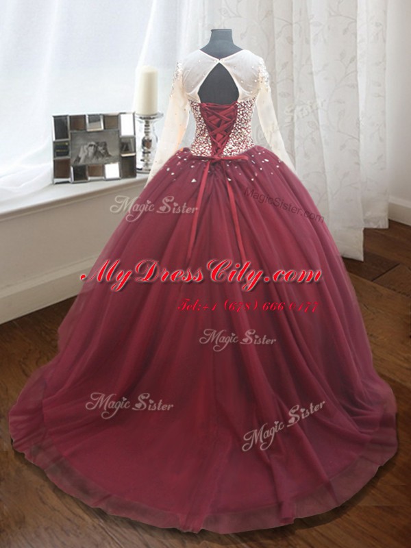 Wine Red Quinceanera Gowns Military Ball and Sweet 16 and Quinceanera and For with Beading and Sequins Scoop Long Sleeves Court Train Lace Up