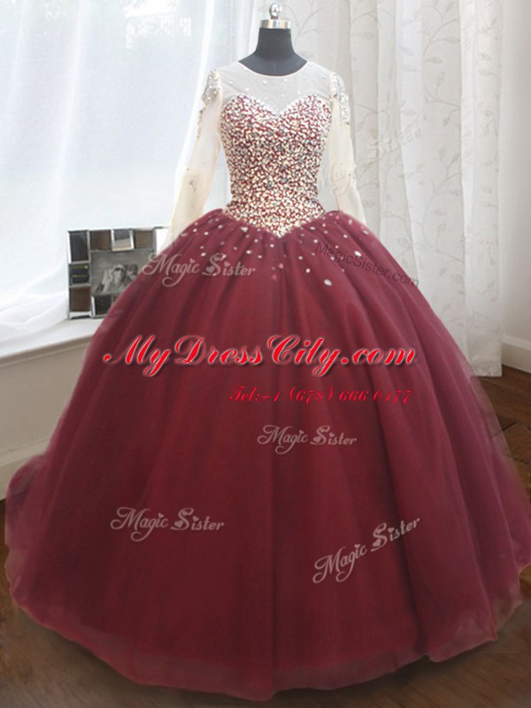Wine Red Quinceanera Gowns Military Ball and Sweet 16 and Quinceanera and For with Beading and Sequins Scoop Long Sleeves Court Train Lace Up