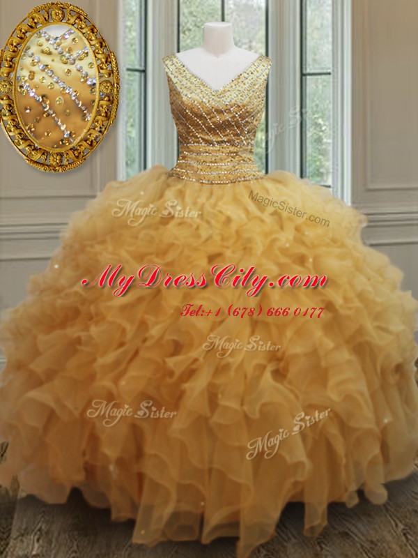 Fabulous Organza V-neck Sleeveless Zipper Beading and Ruffles 15 Quinceanera Dress in Gold