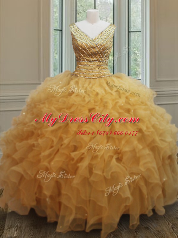 Fabulous Organza V-neck Sleeveless Zipper Beading and Ruffles 15 Quinceanera Dress in Gold