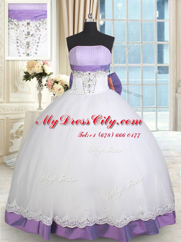 Cute White And Purple Lace Up 15th Birthday Dress Beading and Lace and Bowknot Sleeveless Floor Length