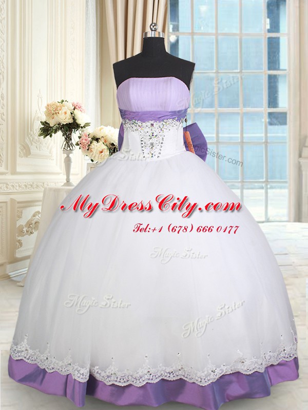 Cute White And Purple Lace Up 15th Birthday Dress Beading and Lace and Bowknot Sleeveless Floor Length