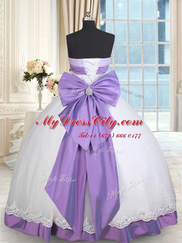 Cute White And Purple Lace Up 15th Birthday Dress Beading and Lace and Bowknot Sleeveless Floor Length