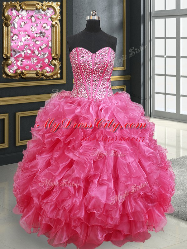 Fitting Hot Pink Ball Gowns Organza Sweetheart Sleeveless Beading and Ruffles Floor Length Lace Up Ball Gown Prom Dress