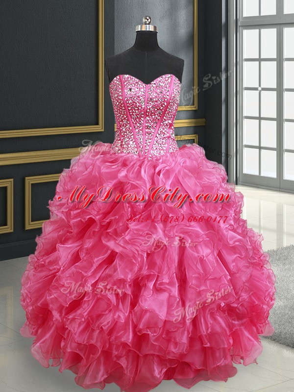 Fitting Hot Pink Ball Gowns Organza Sweetheart Sleeveless Beading and Ruffles Floor Length Lace Up Ball Gown Prom Dress