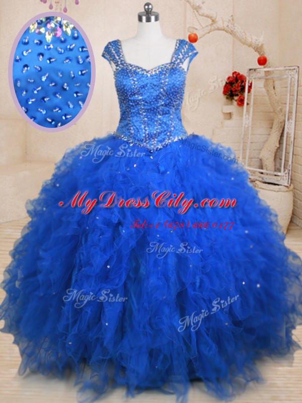 Floor Length Blue 15th Birthday Dress Straps Cap Sleeves Lace Up
