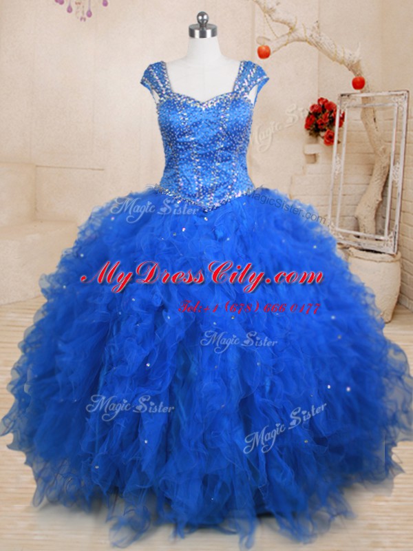 Floor Length Blue 15th Birthday Dress Straps Cap Sleeves Lace Up