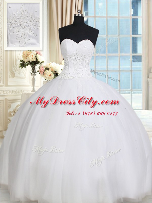 Customized Sleeveless Tulle Floor Length Lace Up Quinceanera Dress in White with Beading
